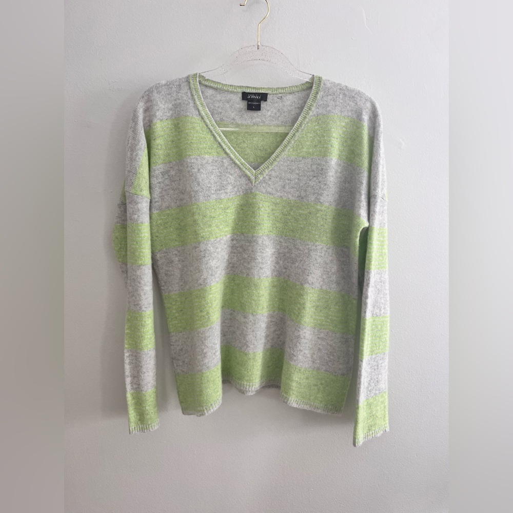 PURE AMICI Striped V-Neck 100% Cashmere Sweater